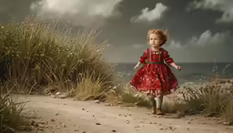 a little girl dressed in a red dress walks on a dirt road near the ocean