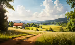 a country house is shown in the foreground with a dirt path in the foreground