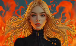 a woman with blonde hair, in front of fire