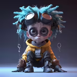 a kid wearing a yellow jacket, a white top, and large black eye glasses