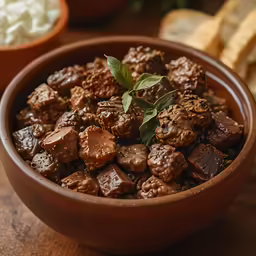 brown bowl filled with beef and potatoes with bread