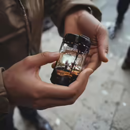 a man holding up an object on the street