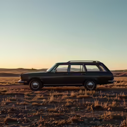 a vehicle parked in the middle of a dry grass covered field