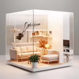 a white display with a couch and table
