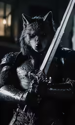 a fox dressed in leather, with a sword and helmet