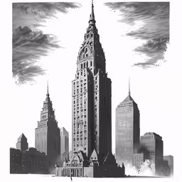 a drawing of a city with tall buildings