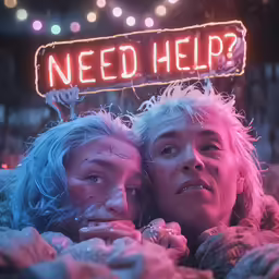 two young people are posing in front of neon sign