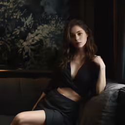 a woman with long legs, wearing a black dress and sitting on a couch