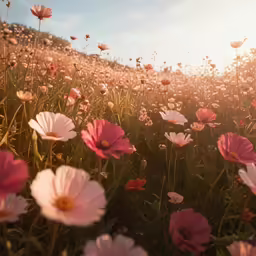 the sun shining over an expansive flower filled field