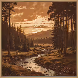 a landscape of a stream surrounded by tall pine trees,sunset over mountains and woods, near a small stream