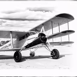 an old biplane sitting on the tarmac under a cloudy sky