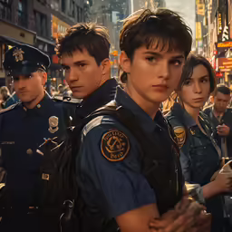 three cops are walking with several people in the street