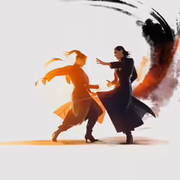 two women dancing the charleston ballroom with their outfits blowing on them