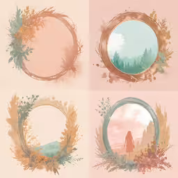 a collection of six circular frames with the same pattern,six pastel colored nature background designs, featuring trees and mountains