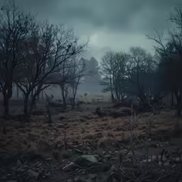 animals graze in the grass in a foggy field