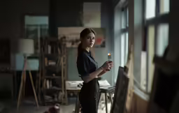 the woman stands with a lit candle in her hand