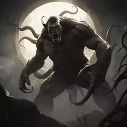 a giant demon with big claws and fangs