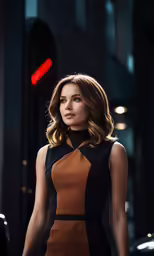 a woman is standing outside in a dress