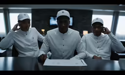 three chefs are sitting at a table while one looks on