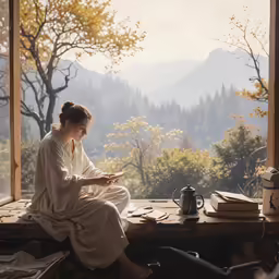 a woman sitting at a window looking over some books