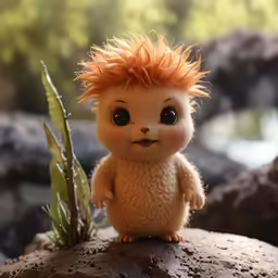 a small orange and white stuffed animal on top of some rocks