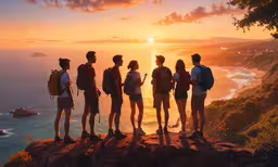 a group of people with backpacks watching the sun rise,several young people stand on the edge of a cliff