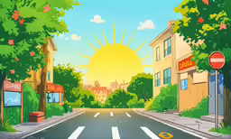 an artful picture of a street scene with some sun and buildings