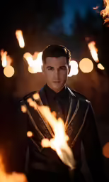 a man that is standing by some torches