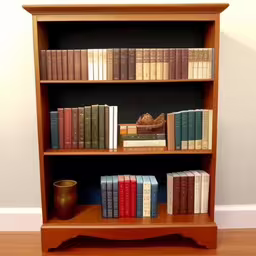 books on a brown shelf with a vase and two other items,this bookcase holds several books on all sides,an old shelf with books, cups, and vase on it,there is a book case on the ground next to a mug,some books sit on top of a shelf