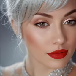 a close up of a woman with white hair and eye makeup