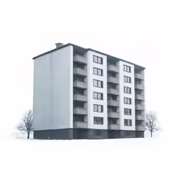 a snow covered building has four storys on top