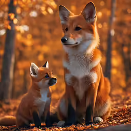 two foxes sit next to each other in the woods