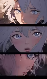 anime character with blue eyes looking down at something