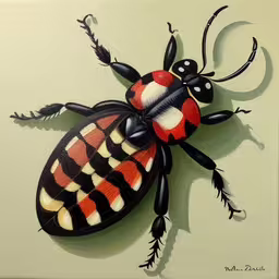 a black and red insect sitting on top of a wall,a beetle made of fabric is standing on the wall