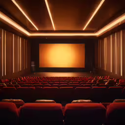 a movie theater full of chairs and a large projection screen,a dimly lit room with a long row of seats in it