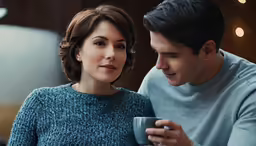 a man and a woman are sitting next to each other looking at their cell phones