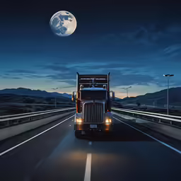 a truck is traveling on the highway at night time