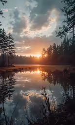 sunset on the lake surrounded by tree filled forest