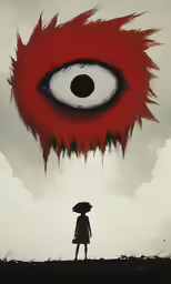a person with an umbrella stands in front of a strange eye