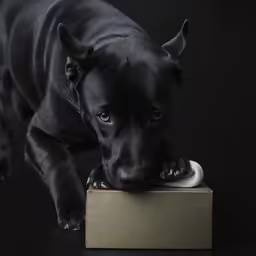 the large dog is sticking its paw on a piece of cardboard