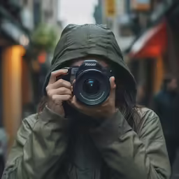 a woman holding a camera and taking pictures