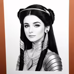 a black and white portrait of a woman in an outfit