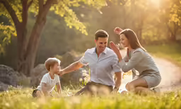 a man and woman, sitting on a grassy area with their child