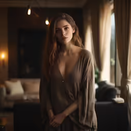 a girl standing in front of the camera in an open room