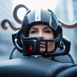 a woman wearing a black helmet on her head