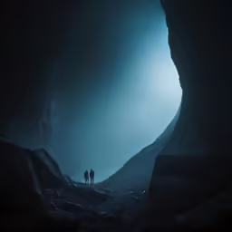 a couple is standing under a large dark, open area in the wilderness