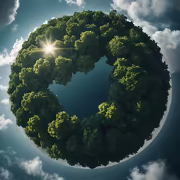 the sun shines behind a circular tree - lined lake