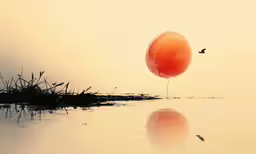 a balloon floating in the air over water