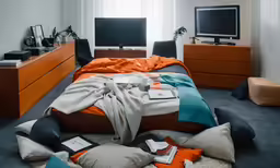 a very small bedroom with tv, bed and large dresser
