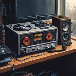 stereo equipment and headphones are on the table